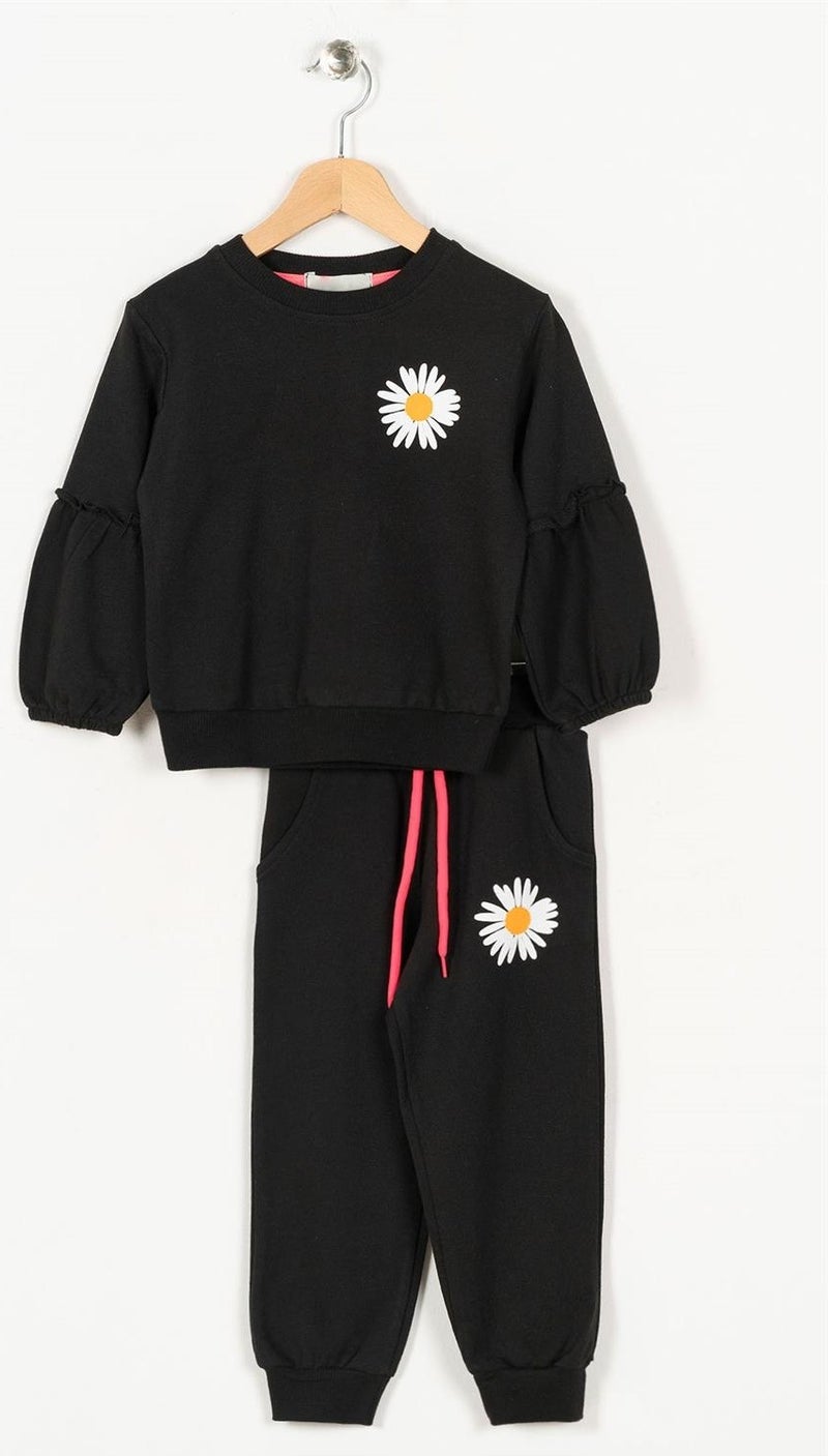 Zepkids Girls Black Colored Ruffled Sleeve Tracksuit Set  - Image 1