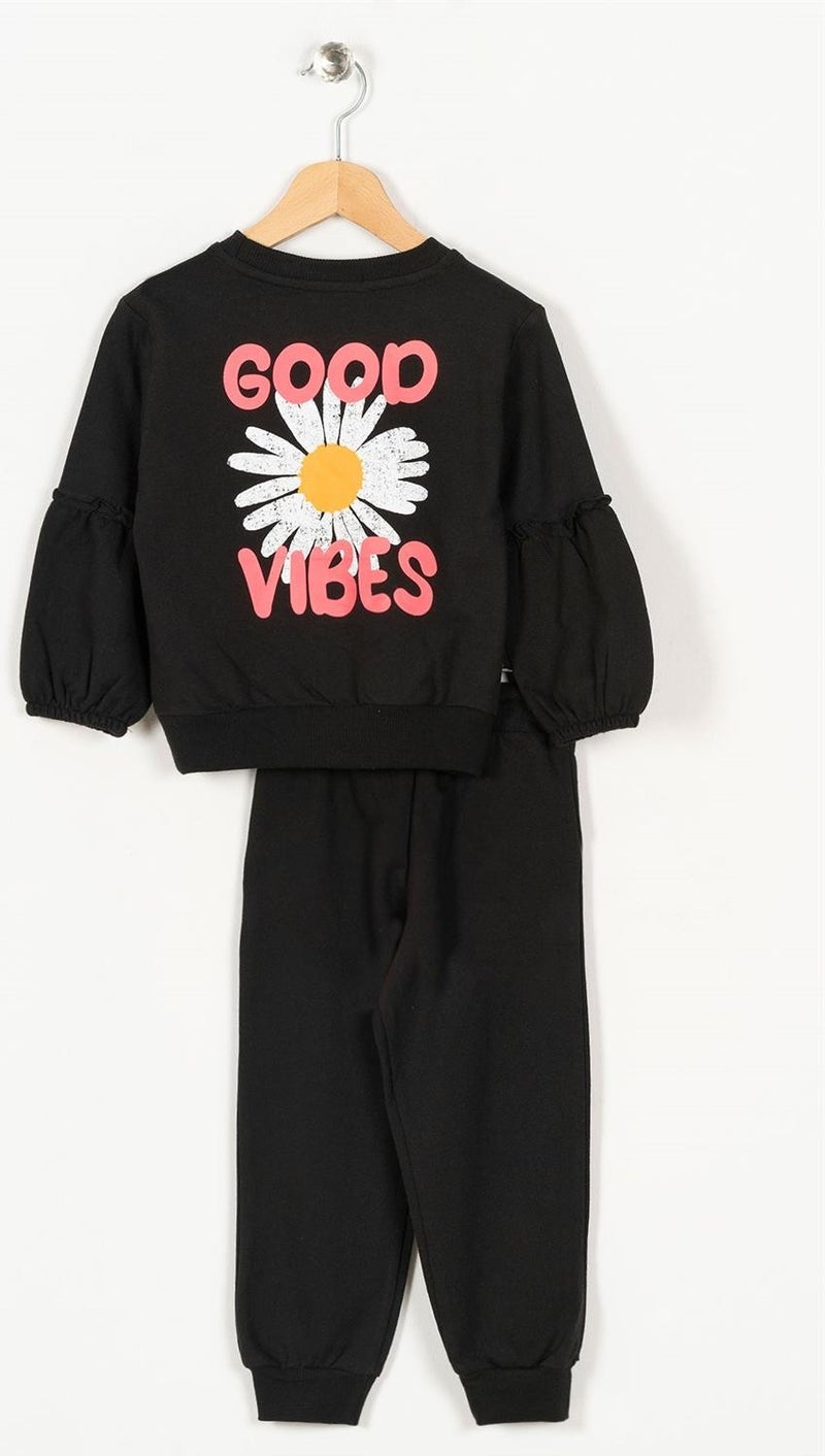 Zepkids Girls Black Colored Ruffled Sleeve Tracksuit Set  - Image 2