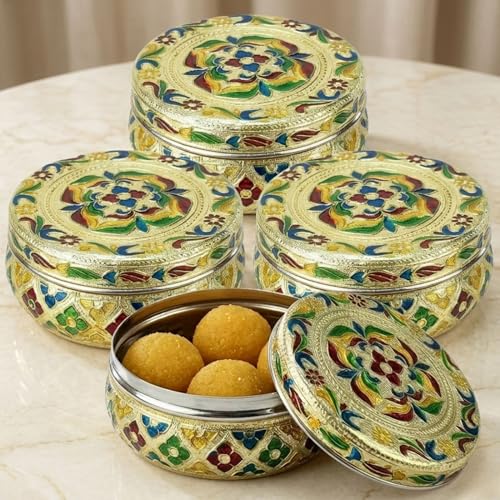 LOVENSPIRE Meenakari Stainless Steel Storage Box with Lid (250gm) Decorative Round Indian Food Container for Sweets, Kitchen Items & Return Gift Favors Pack of 4 - Image 1