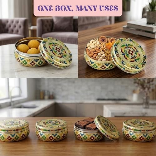 LOVENSPIRE Meenakari Stainless Steel Storage Box with Lid (250gm) Decorative Round Indian Food Container for Sweets, Kitchen Items & Return Gift Favors Pack of 4 - Image 5