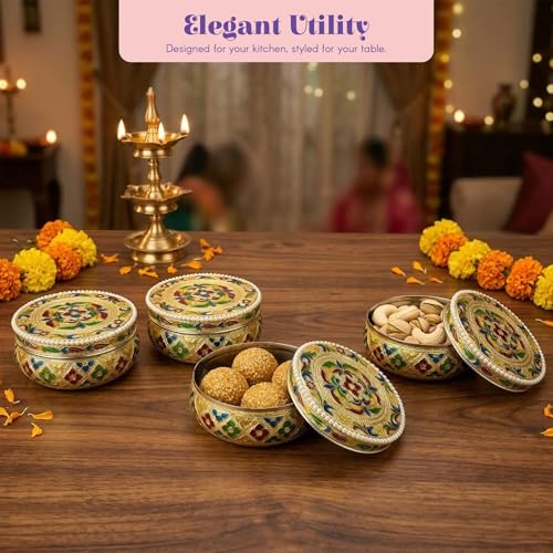 LOVENSPIRE Meenakari Stainless Steel Storage Box with Lid (250gm) Decorative Round Indian Food Container for Sweets, Kitchen Items & Return Gift Favors Pack of 4 - Image 3