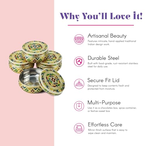 LOVENSPIRE Meenakari Stainless Steel Storage Box with Lid (250gm) Decorative Round Indian Food Container for Sweets, Kitchen Items & Return Gift Favors Pack of 4 - Image 2