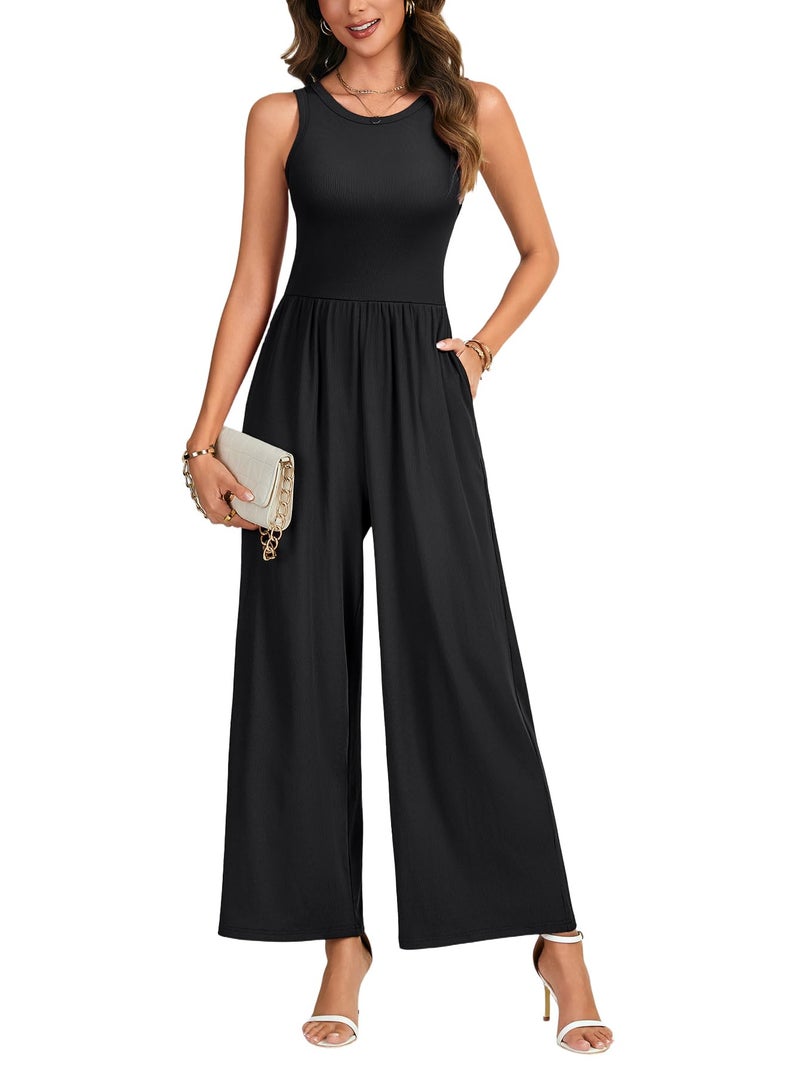 KIFOVEN Women's Loose Jumpsuits One Piece Round Neck Sleeveless Wide Leg Overalls With Pockets Black Medium - Image 2
