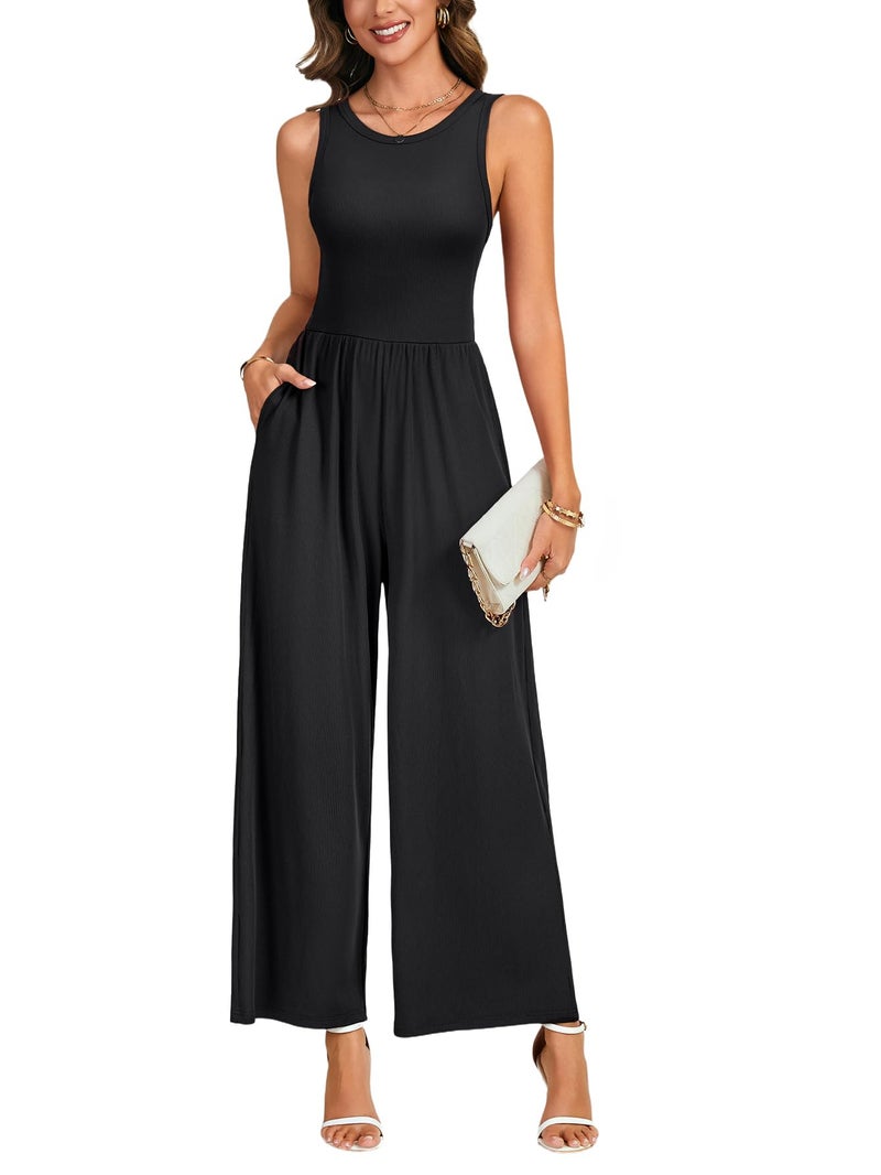 KIFOVEN Women's Loose Jumpsuits One Piece Round Neck Sleeveless Wide Leg Overalls With Pockets Black Medium - Image 4