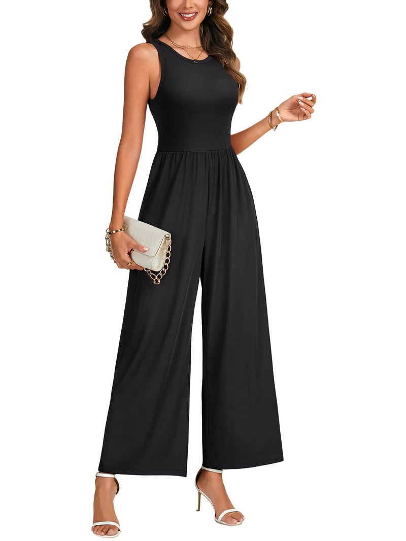 KIFOVEN Women's Loose Jumpsuits One Piece Round Neck Sleeveless Wide Leg Overalls With Pockets Black Medium - Image 3