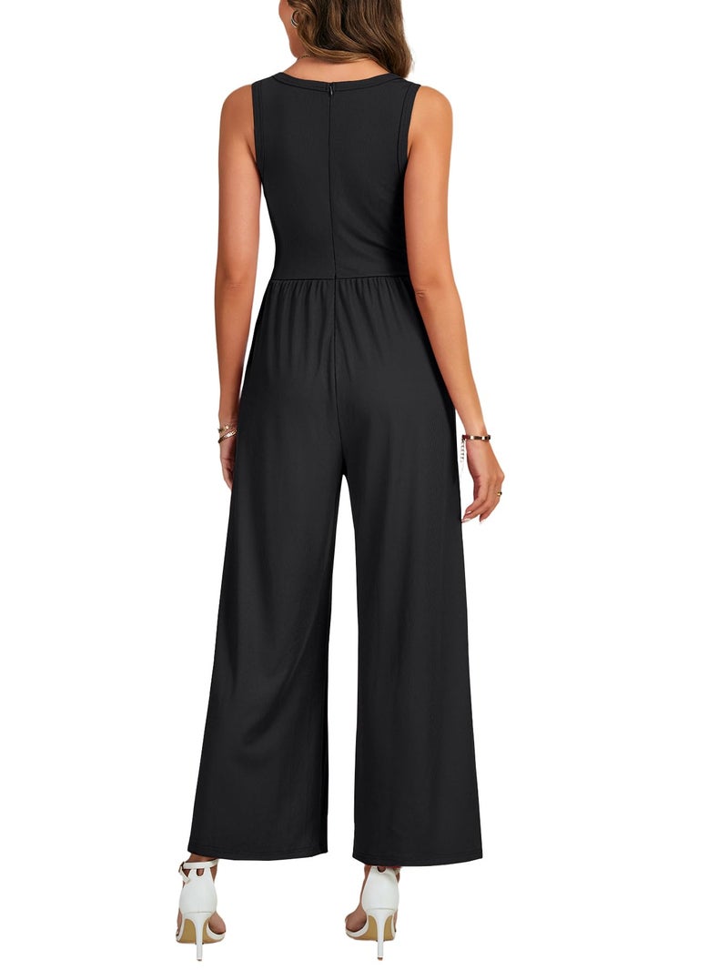 KIFOVEN Women's Loose Jumpsuits One Piece Round Neck Sleeveless Wide Leg Overalls With Pockets Black Medium - Image 5