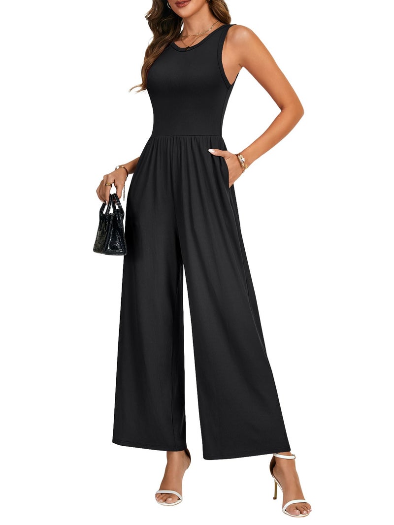 KIFOVEN Women's Loose Jumpsuits One Piece Round Neck Sleeveless Wide Leg Overalls With Pockets Black Medium - Image 1