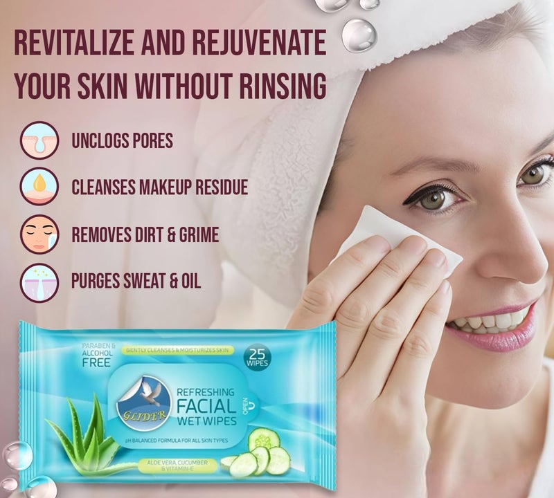 Glider Face Cleansing Wipes | Hydrating & Moisturising Facial Wipes with Cucumber, Aloe-Vera & Vitamin E | All Skin Types | 25 Wipes | (Pack of 2 (50 Wipes)) - Image 3