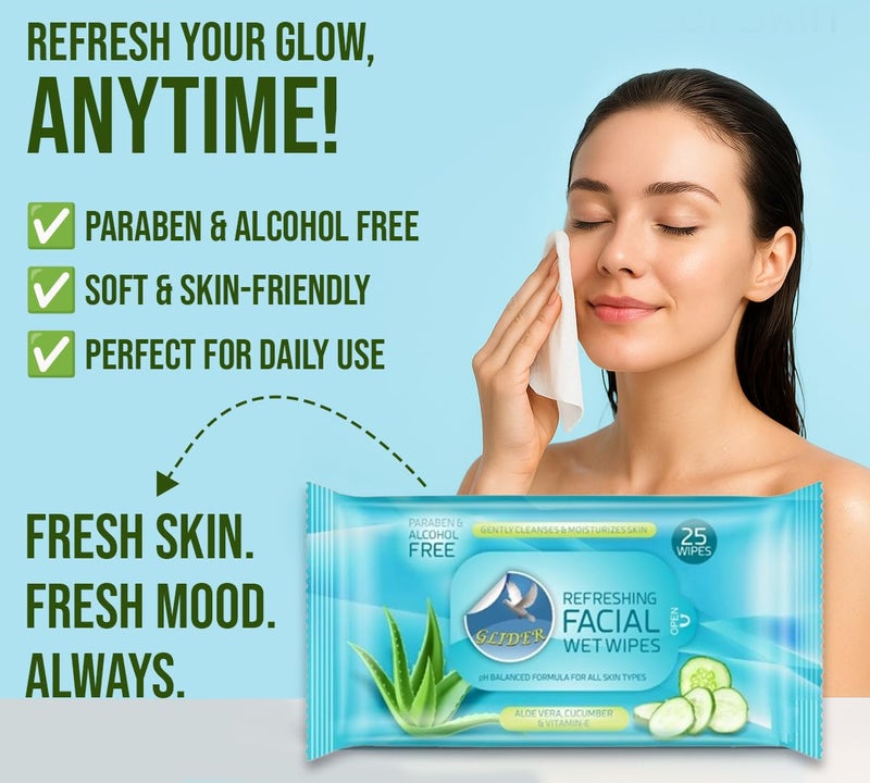 Glider Face Cleansing Wipes | Hydrating & Moisturising Facial Wipes with Cucumber, Aloe-Vera & Vitamin E | All Skin Types | 25 Wipes | (Pack of 2 (50 Wipes)) - Image 4