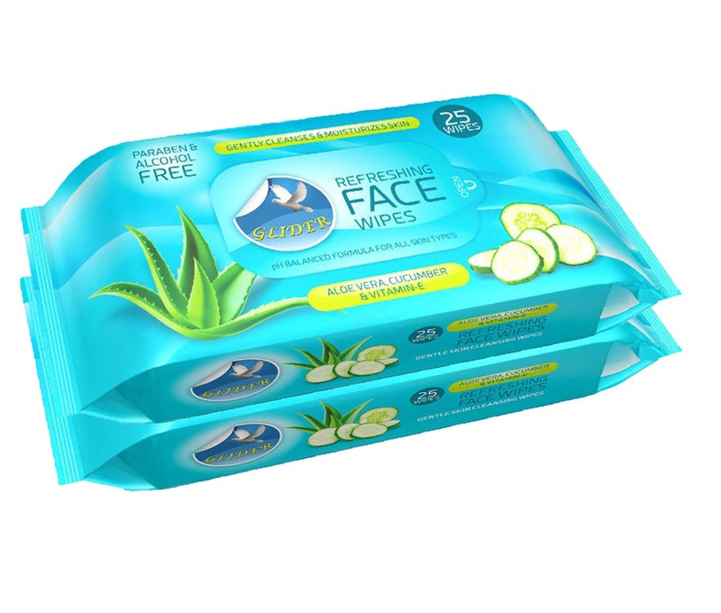 Glider Face Cleansing Wipes | Hydrating & Moisturising Facial Wipes with Cucumber, Aloe-Vera & Vitamin E | All Skin Types | 25 Wipes | (Pack of 2 (50 Wipes)) - Image 1