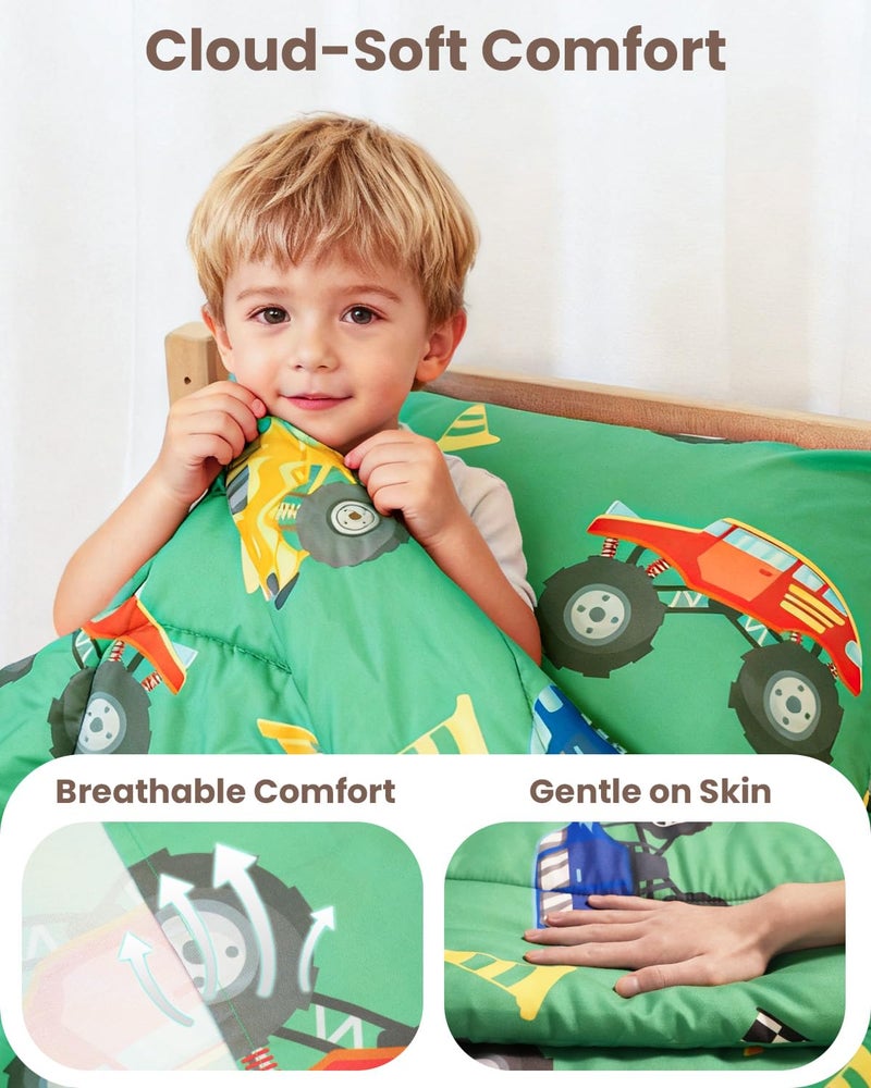 TinyPalsa Toddler Bedding Set, 4-Piece Green Monster Truck Comforter Set for Girls and Boys, Breathable Crib Bedding Includes Ultra-Soft Quilt, Flat and Fitted Sheets, and Reversible Pillowcase - Image 2