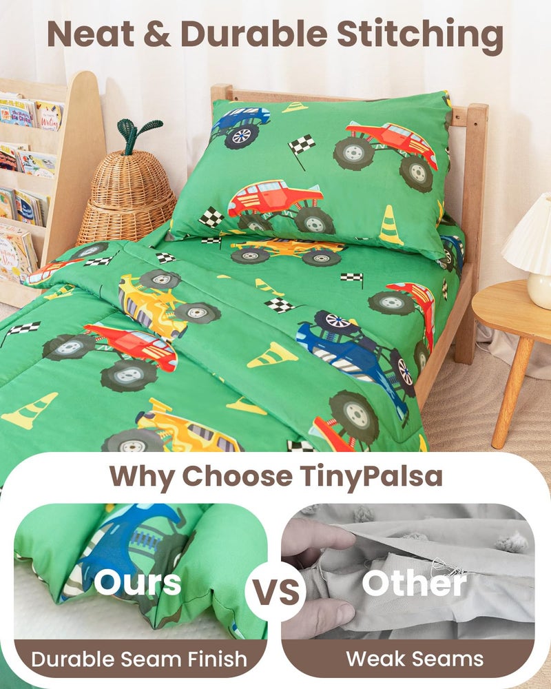 TinyPalsa Toddler Bedding Set, 4-Piece Green Monster Truck Comforter Set for Girls and Boys, Breathable Crib Bedding Includes Ultra-Soft Quilt, Flat and Fitted Sheets, and Reversible Pillowcase - Image 5
