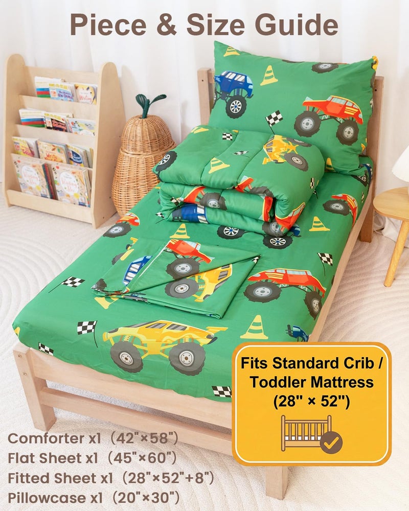 TinyPalsa Toddler Bedding Set, 4-Piece Green Monster Truck Comforter Set for Girls and Boys, Breathable Crib Bedding Includes Ultra-Soft Quilt, Flat and Fitted Sheets, and Reversible Pillowcase - Image 3