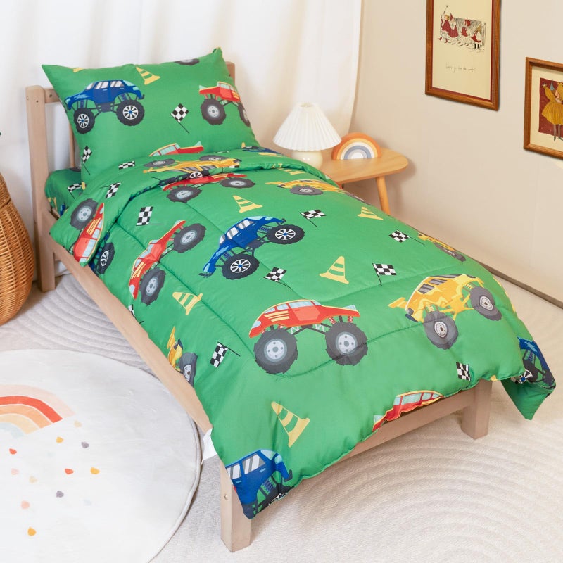 TinyPalsa Toddler Bedding Set, 4-Piece Green Monster Truck Comforter Set for Girls and Boys, Breathable Crib Bedding Includes Ultra-Soft Quilt, Flat and Fitted Sheets, and Reversible Pillowcase - Image 1