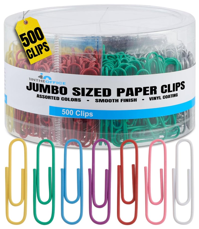 1InTheOffice Jumbo Paper Clip, Vinyl Coated Smooth Large Paper Clips 500 Pieces (Assorted Colored) - Image 1