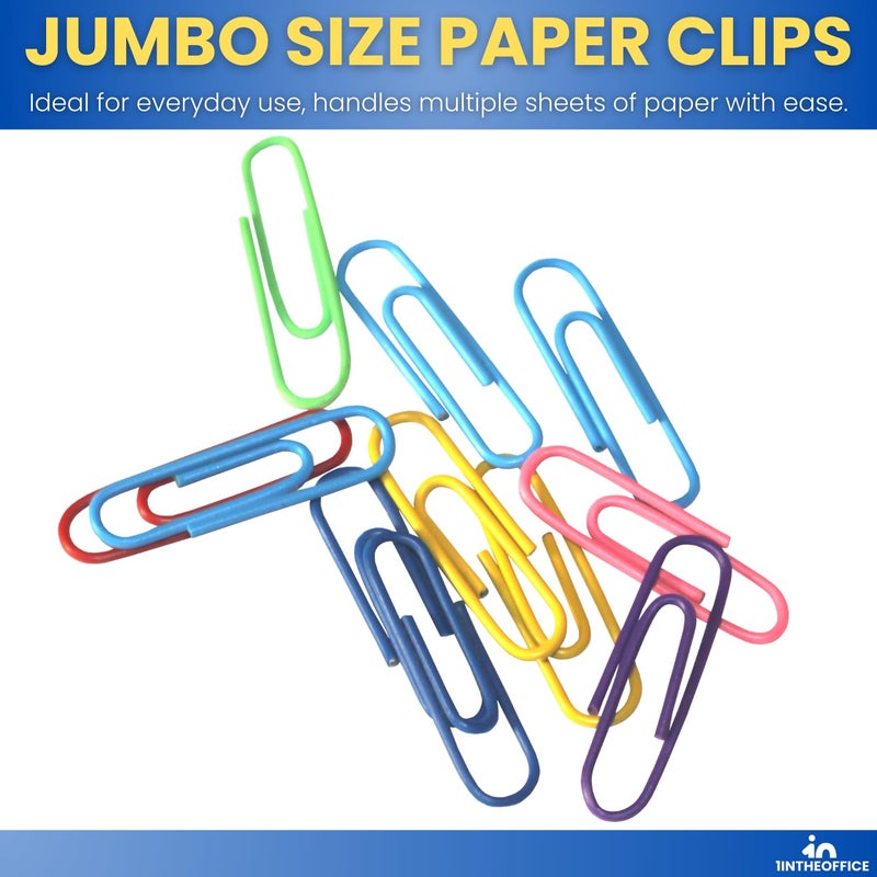 1InTheOffice Jumbo Paper Clip, Vinyl Coated Smooth Large Paper Clips 500 Pieces (Assorted Colored) - Image 2