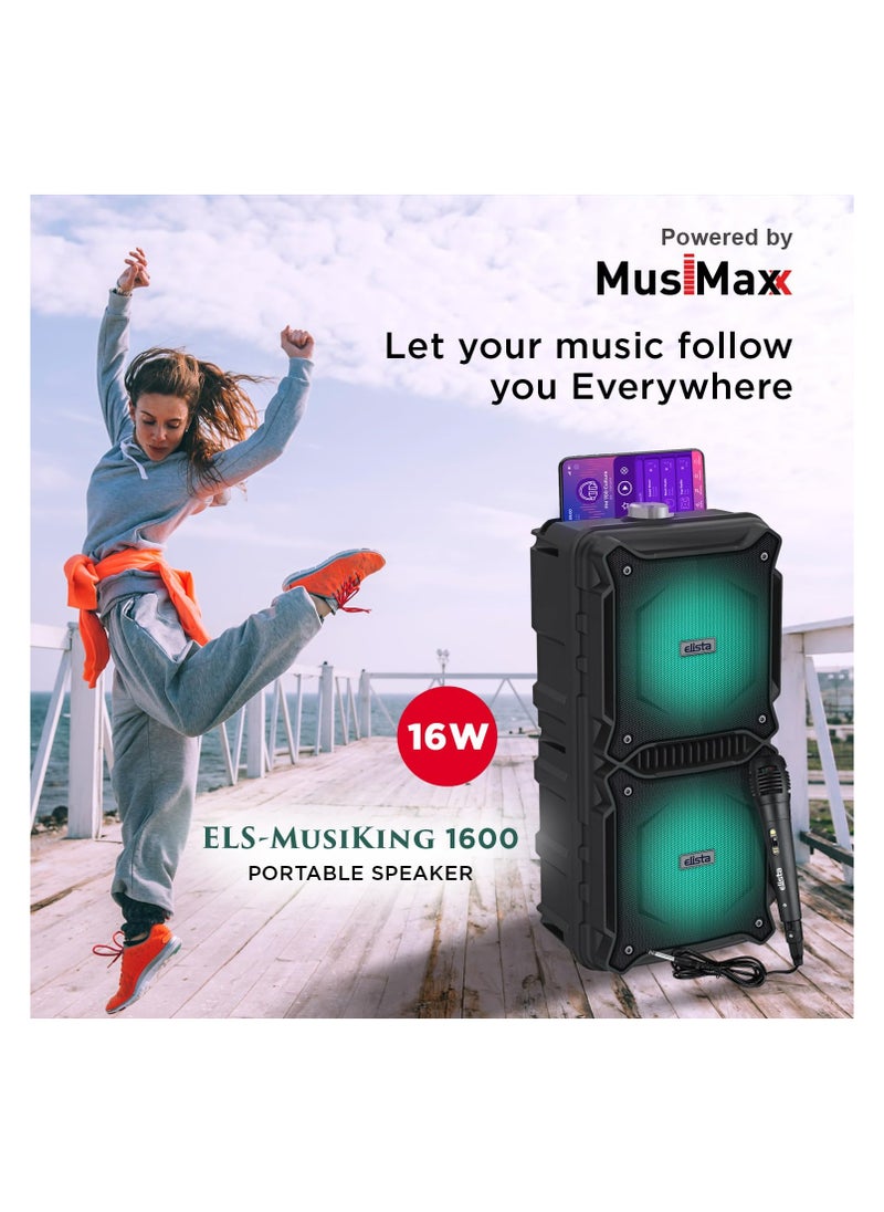 إليستا - ELS-MusiKing 1600 Portable 16 W Bluetooth Party Speaker with Wired Mic, TWS Feature, Built-in Mobile Holder & FM/Aux/USB/TF Card Connectivity, 5 Hr Playback (Black) - Image 1