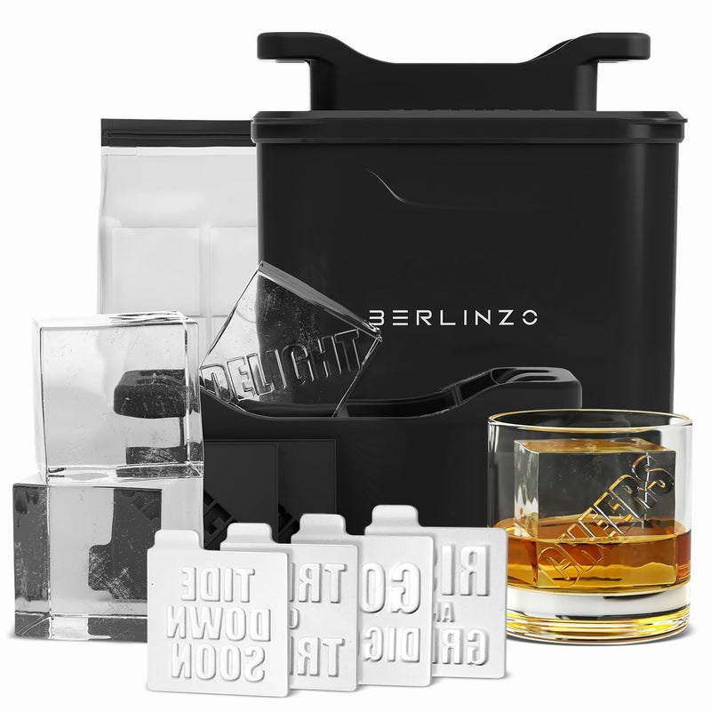 BERLINZO Berlinzo Premium Clear Ice Cube Maker Mold  4 Large 21inch Crystal Clear Ice Square Cubes for Whiskey  Cocktails  EasytoRemove Ice Cube Mold  Storage Bag  Silicone Inserts Included Black 