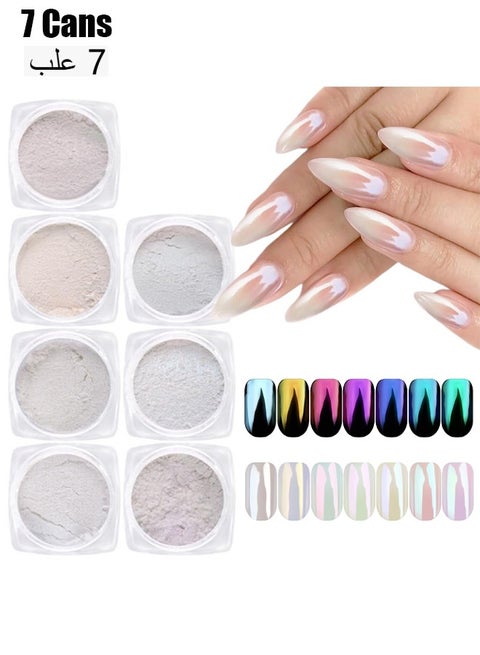 7 Colors White Pearl Chrome Nail Powder Kit,Aurora Metallic Nail Powder Holographic Mirror Gradient Effect Chrome Powder,Iridescent Pearlescent Shell Powder Glitter Nail Pigment Powder for Nails Art