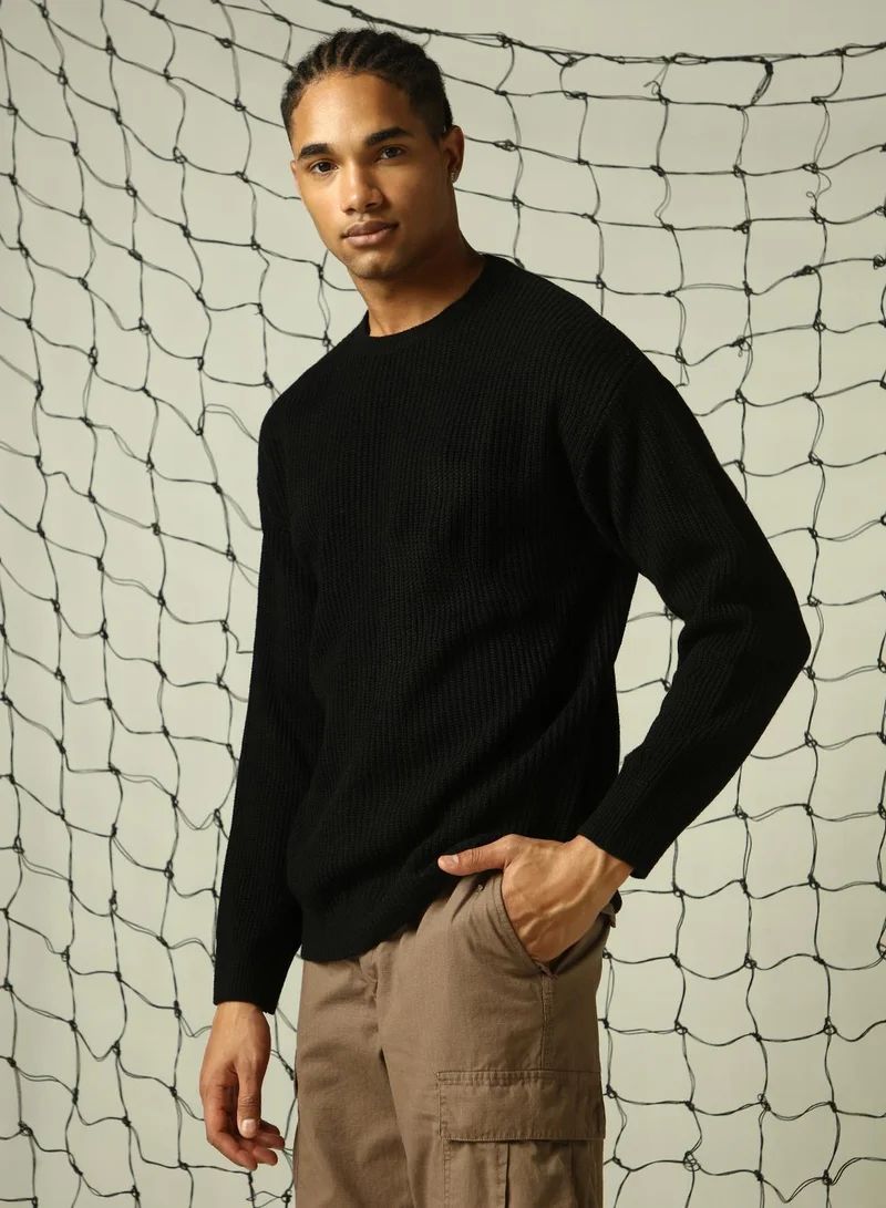 Hubberholme Men's Black 100% Acrylic Solid Oversized Sweater