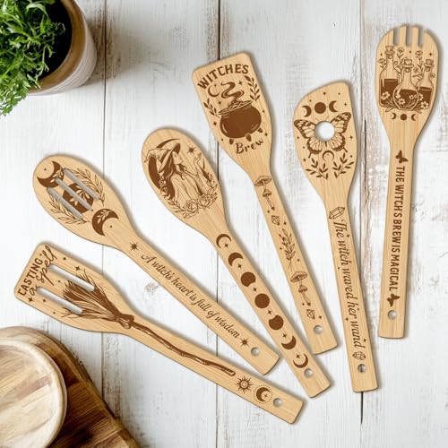 CUTHOLLOW 6PCS Magic Witch Wooden Kitchen Cooking Utensil Set, 11.9in Non Toxic Bamboo Wood Spoon Set for Cooking, Best Housewarming Halloween Decor Gift for Women Mother - Image 1