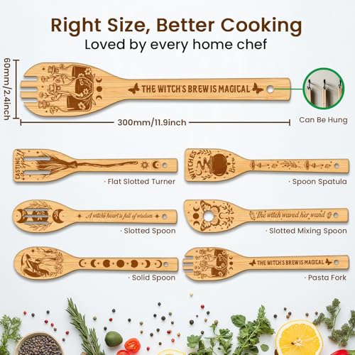CUTHOLLOW 6PCS Magic Witch Wooden Kitchen Cooking Utensil Set, 11.9in Non Toxic Bamboo Wood Spoon Set for Cooking, Best Housewarming Halloween Decor Gift for Women Mother - Image 2