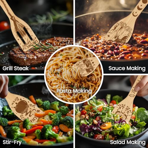CUTHOLLOW 6PCS Magic Witch Wooden Kitchen Cooking Utensil Set, 11.9in Non Toxic Bamboo Wood Spoon Set for Cooking, Best Housewarming Halloween Decor Gift for Women Mother - Image 4