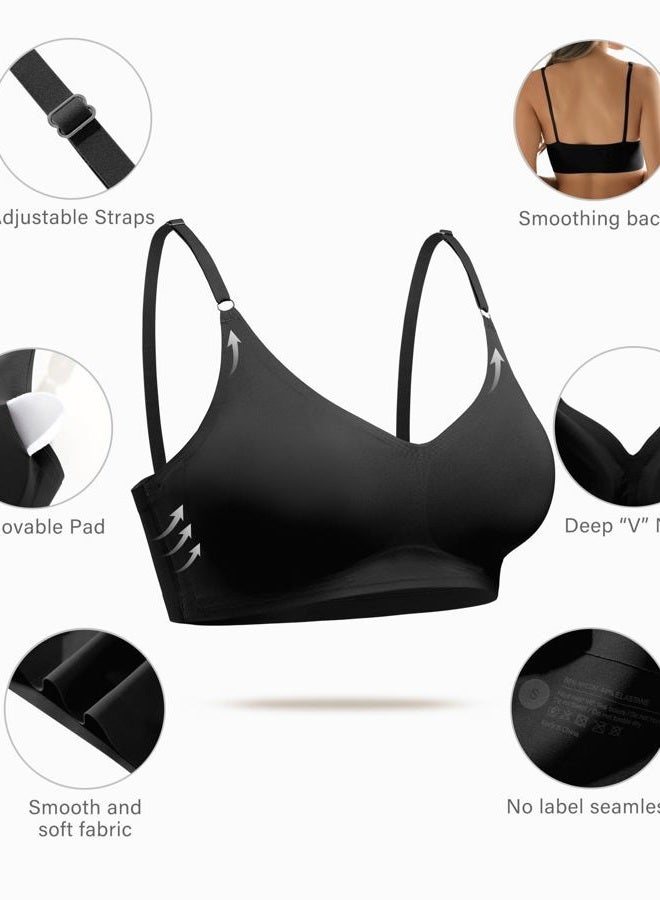 DEANGELMON V Neck Bra Padded Seamless Adjustable Straps Bralettes Everyday Basic Sleeping Bras Multiple Pack, New Version-black 3 Pack, S - Image 3