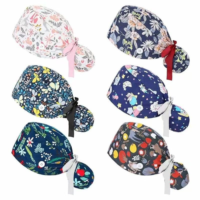 قبعة ممرضات للنساء ذوات الشعر الطويل، قابلة للطي، تصميم جديد، تغطية الرأس، فراشة، غير لامع، عمل، قطن نقي، قبعة جراحية مع غطاء - Image 3