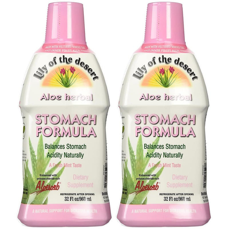 Lily Of the Desert Lily Of The Desert Stomach Formula Organic Aloe Vera Juice with Slippery Elm Chamomile Peppermint and Ginger for Gut Health Acid Reflux Heartburn Relief 32 Oz Pack of 2 