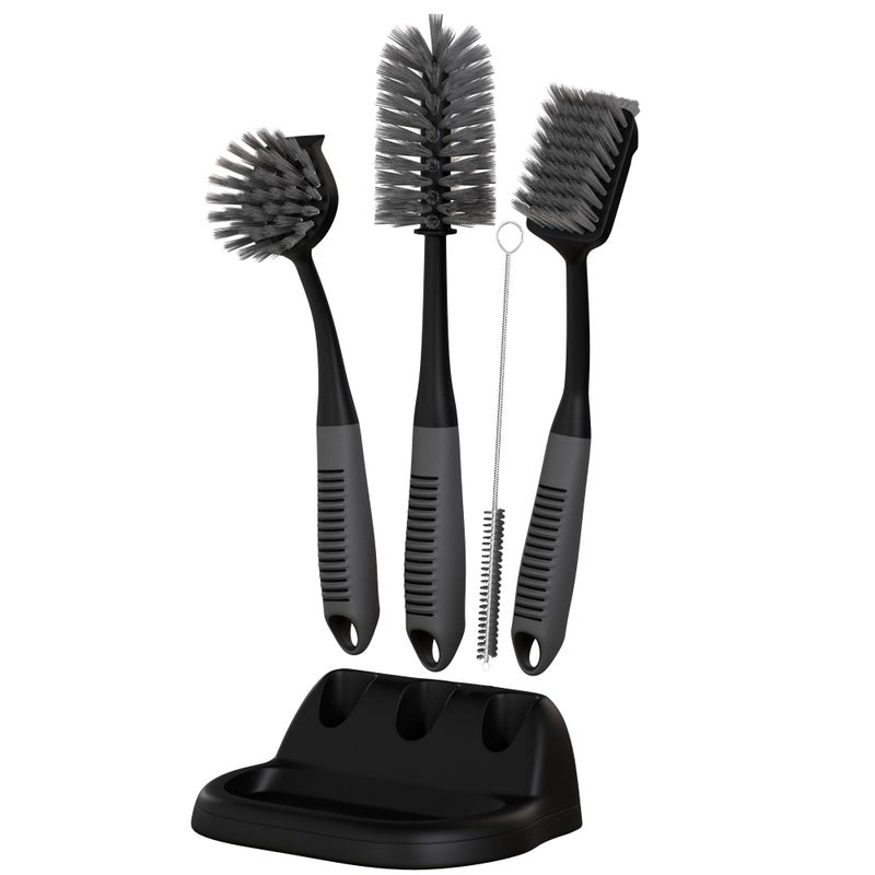 Dish Brush Set of 5 with Holder Kitchen Scrub Brushes with NonSlip Long Handle for Cleaning Scrubber Dishwashing Dishes Bottles Straws Cups Pots Sink Black