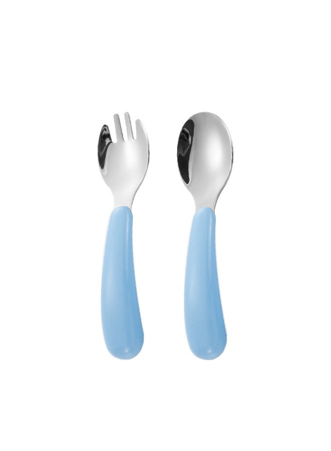304 Stainless Steel Children's Cartoon Tableware Feeding Household Spoon Baby Food Supplement Tableware Spoon Fork Two-piece Set-Specifications:Blue Spoon Fork - Image 1