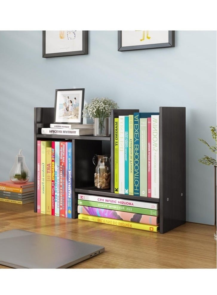 Arabest Wood Adjustable Small Desktop Bookshelf, Expandable Desktop Storage Organizer, Desktop Organizer Office Storage Rack, Display Shelf Rack, Office Supplies Desk Organizer(Black)  - Image 1