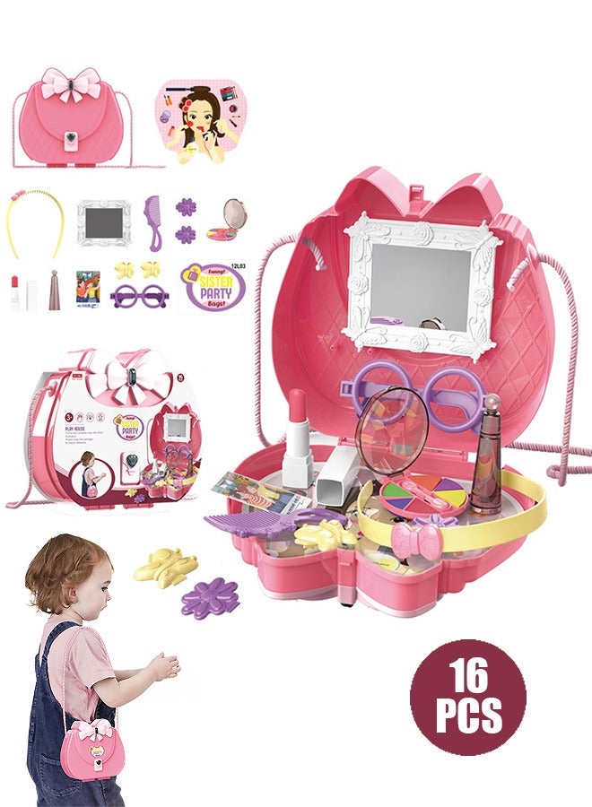 مجموعة ألعاب مكياج للأطفال والبنات مجموعة أدوات مكياج الأميرة التظاهرية مع حقيبة كتف للمكياج (وردي) - Image 1