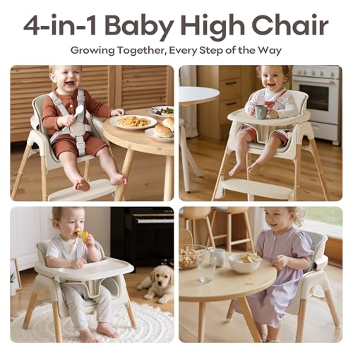 Mloong High Chair for Babies and Toddlers Adjustable 4in1 Baby High Chairs with Dishwasher Tray Easy Clean Highchair Beige - Image 3
