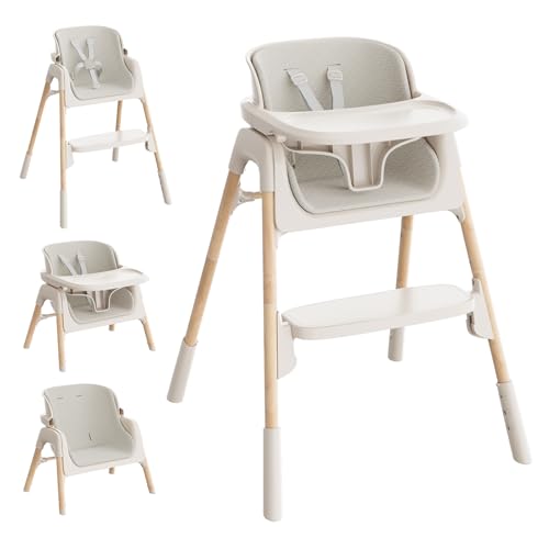 Mloong High Chair for Babies and Toddlers Adjustable 4in1 Baby High Chairs with Dishwasher Tray Easy Clean Highchair Beige - Image 1