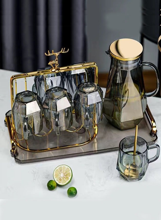 fashionhome Large Water Pitcher Creative Glass Water Jug High Temperature Resistant Beverage Jug Luxurious 6 Glasses with Metal Storage Pot and Acrylic Tray for Cold Water Beverage Juice Milk Tea - Image 1