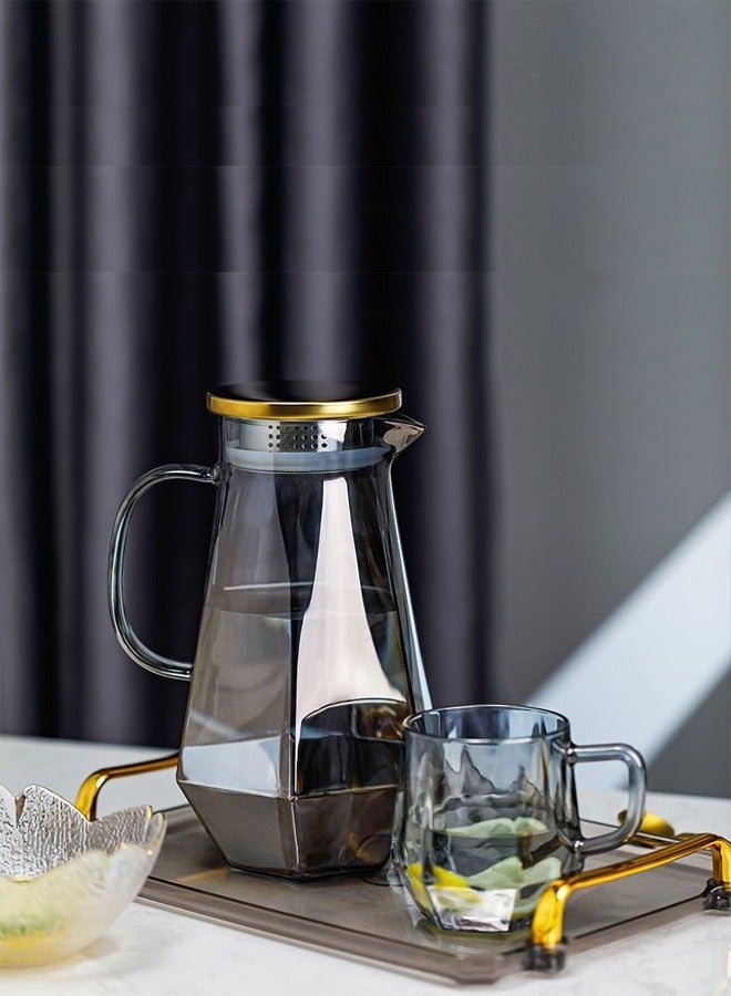 fashionhome Large Water Pitcher Creative Glass Water Jug High Temperature Resistant Beverage Jug Luxurious 6 Glasses with Metal Storage Pot and Acrylic Tray for Cold Water Beverage Juice Milk Tea - Image 3