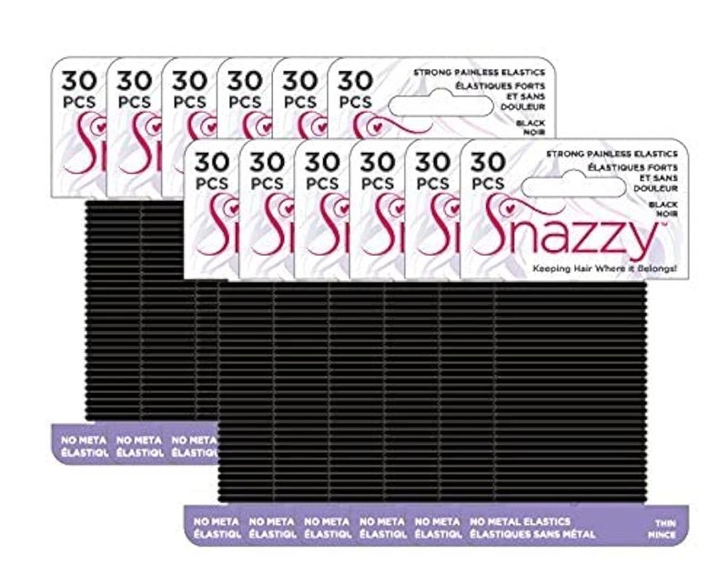 Snazzy Black Hair Bands Thin 360pcs Soft Painless No Damage Hair Elastics Ties Twists 90mm in Length and 2mm in Width Strong Reuseable 12 Pack 30 per card