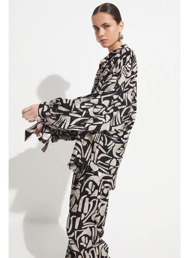JUNE June Exclusive Balloon Sleeve Patterned Rayon Blend Shirt
