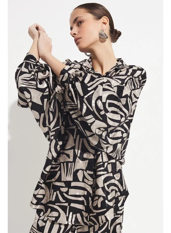 JUNE June Exclusive Balloon Sleeve Patterned Rayon Blend Shirt