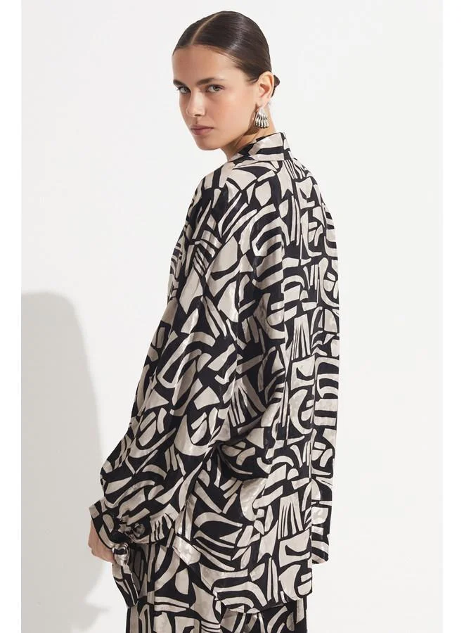 JUNE June Exclusive Balloon Sleeve Patterned Rayon Blend Shirt
