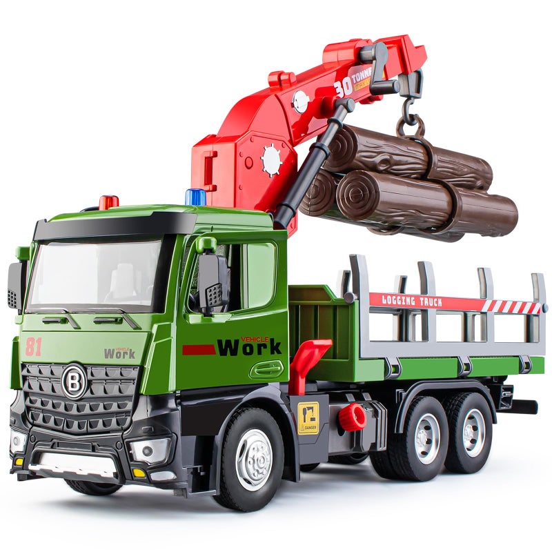 HAPYAD Timber Logging Truck Toy Metal Cab Friction Powered Log Truck with Fully Functioning Loading Crane and 3 Loadable Trunks Construction Playset for Boys Kids 112 - Image 2