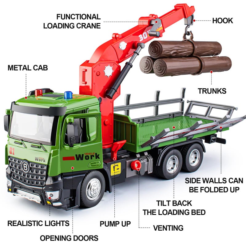 HAPYAD Timber Logging Truck Toy Metal Cab Friction Powered Log Truck with Fully Functioning Loading Crane and 3 Loadable Trunks Construction Playset for Boys Kids 112 - Image 3