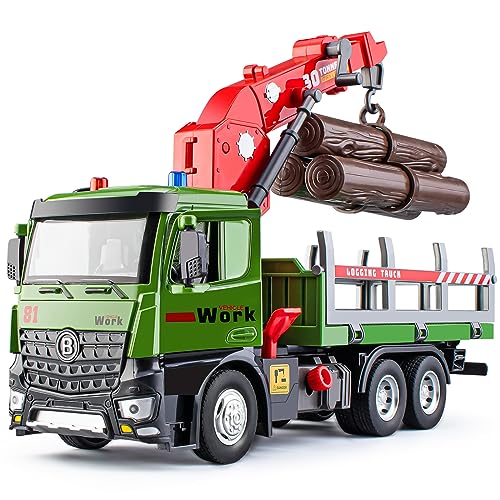 HAPYAD Timber Logging Truck Toy Metal Cab Friction Powered Log Truck with Fully Functioning Loading Crane and 3 Loadable Trunks Construction Playset for Boys Kids 112 - Image 1