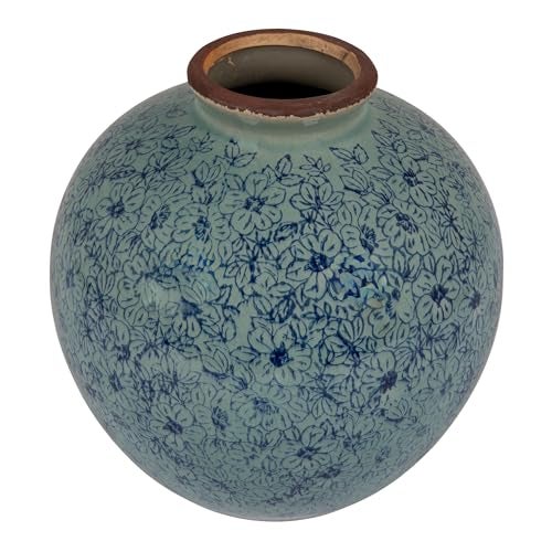 Creative Co-op Creative CoOp Round Decorative TerraCotta Vase with Transferware Pattern Blue - Image 1