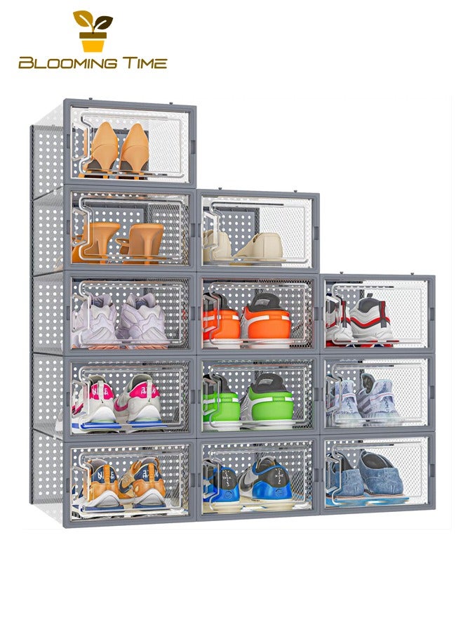 بلومنغ تايم صندوق أحذية 12 قطعة ، صندوق أحذية شفاف ، صندوق أحذية بسيط ، تصميم قابل للتكديس ، موفر للمساحة ، تركيب بسيط ، مسامي ، مقاوم للرطوبة ، مضاد للقاذورات ، حواف شفافة ورمادية - Image 1