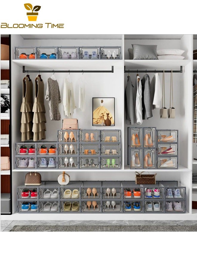 بلومنغ تايم صندوق أحذية 12 قطعة ، صندوق أحذية شفاف ، صندوق أحذية بسيط ، تصميم قابل للتكديس ، موفر للمساحة ، تركيب بسيط ، مسامي ، مقاوم للرطوبة ، مضاد للقاذورات ، حواف شفافة ورمادية - Image 2