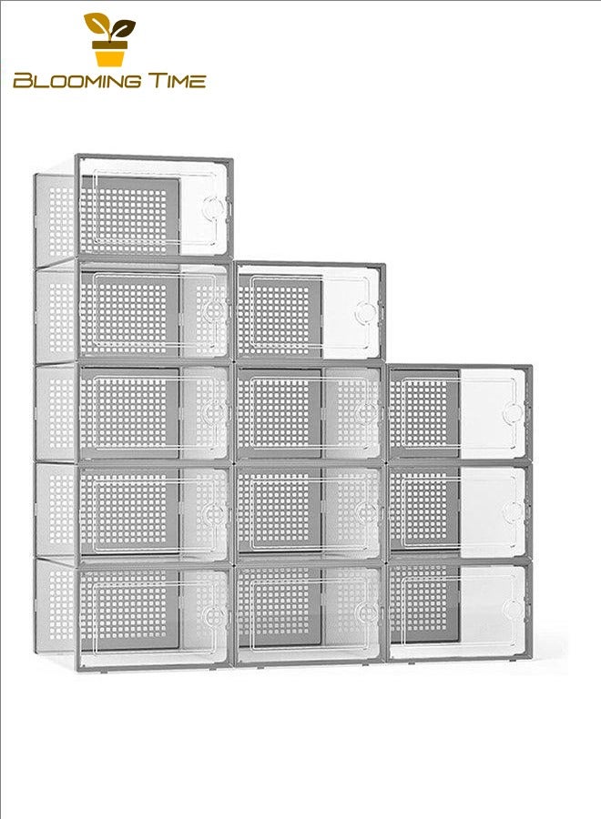 بلومنغ تايم صندوق أحذية 12 قطعة ، صندوق أحذية شفاف ، صندوق أحذية بسيط ، تصميم قابل للتكديس ، موفر للمساحة ، تركيب بسيط ، مسامي ، مقاوم للرطوبة ، مضاد للقاذورات ، حواف شفافة ورمادية - Image 3