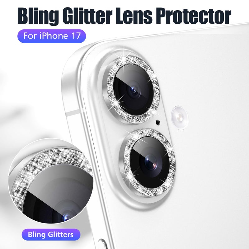 AGVEE 3+3 6 Pack for iPhone 17 6.3" Camera Lens Protector, Bling Diamond & Bling Glitter Metal Ring 9H Tempered HD Glass Camera Cover Film, Bling-Silver - Image 5